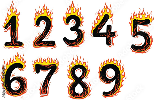 A collection of black cartoon numbers from one to nine, each engulfed in bright yellow and orange flames.