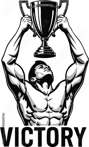A muscular athlete triumphantly lifts a championship trophy overhead in a black and white illustration celebrating victory.