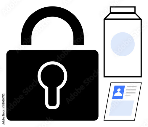 Data security concept. Lock icon s data protection, while ID card and packaging highlight identity and privacy safeguards. Data security for identity verification, privacy tools, tech apps