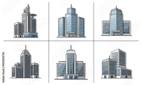Modern city buildings collection architectural designs isolated