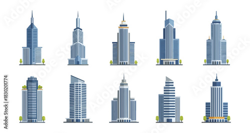 Set of modern skyscraper buildings isolated on black background