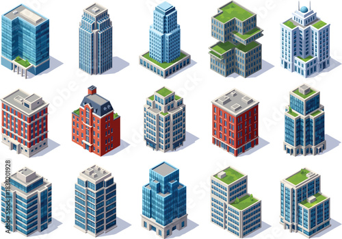 Collection of isometric 3d modern city buildings and skyscrapers with green roofs and balconies on a white background