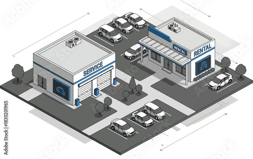 Isometric view of a modern commercial district with retail stores parking lot and trees in a clean urban setting