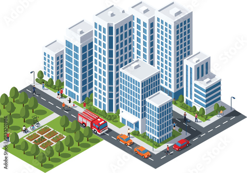 Modern isometric cityscape featuring tall residential buildings green parks and busy roads with vehicles
