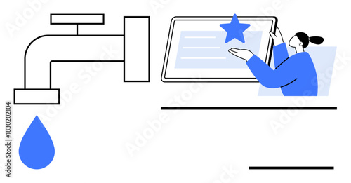 Water faucet dripping a blue drop alongside a person pointing at a tablet screen with a star icon. Ideal for sustainability, water conservation, digital review, eco-awareness, user evaluation