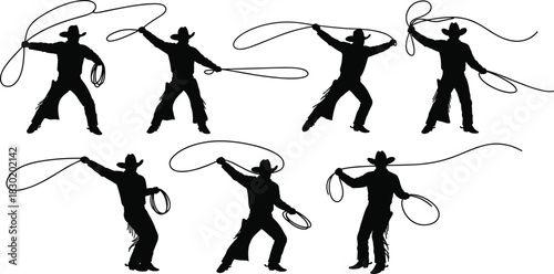 Cowboy silhouettes, lasso action, western rodeo performance, traditional attire, dynamic poses, cowboy culture, wild west, ranch lifestyle, cowboy skills, adventure