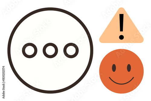 Three dots inside a circle, triangular alert with exclamation mark, smiling face. Ideal for communication, feedback, alert, positivity, messaging waiting user interaction. Simple flat metaphor