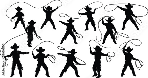 Cowboy silhouettes, lasso performance, western rodeo action, traditional attire, cowboy culture, ranch lifestyle, wild west, cowboy skills, rope tricks, adventure