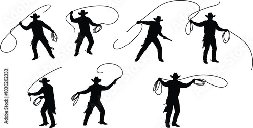 Cowboy silhouettes, western rodeo action, lasso skills, wild west culture, ranch lifestyle, cowboy hats, horse riding, cowboy art, adventure spirit