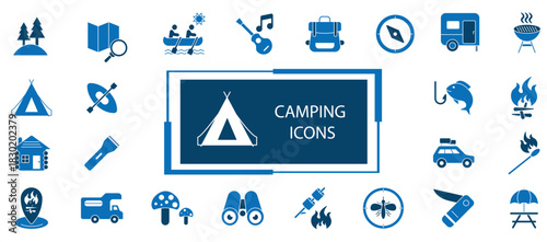 Hiking a Camping Vector Icon Set. Adventure, Nature, Forest, and Travel Symbols, Outdoor Exploration Illustration Pack. Tent, Backpack, Campfire, and Compass Icons, Adventure and Trekking Icon.