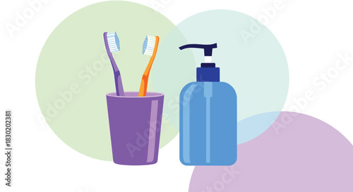 A simple illustration of common bathroom items for personal hygiene, including two toothbrushes in a cup and a soap dispenser bottle.