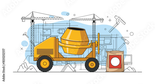 A construction site scene with a yellow cement mixer in the foreground, and blueprints, cranes, and tools in the background.