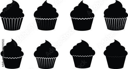 Cupcake silhouette collection with patterned liners, frosting swirl designs, bakery dessert icons, sweet treat vector art, food illustration, pastry graphic set