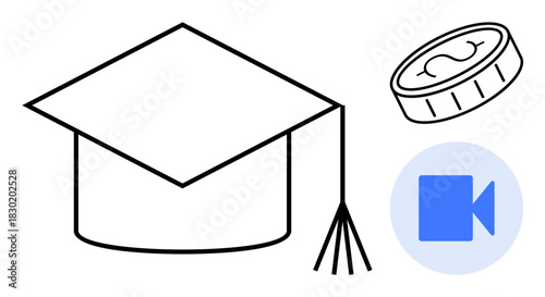 Graduation cap, coin, and video icon highlight themes of online learning, education affordability, and digital teaching platforms. Ideal for e-learning, scholarships, finance, success growth