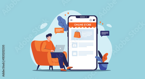 A man sitting in a chair with a laptop, shopping from an online store on a giant smartphone screen, illustrating e-commerce.