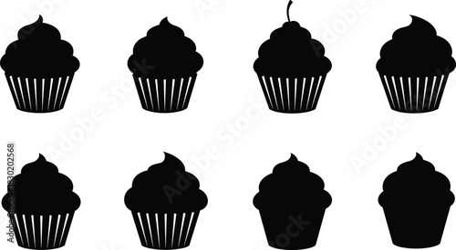 Cupcake silhouette icons, black dessert vector, bakery frosting shapes, sweet pastry illustration, muffin graphic design, food pattern, confectionery art set