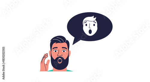 Bearded man with a shocked expression and an open mouth, a speech bubble showing a surprised face above him on a white background.