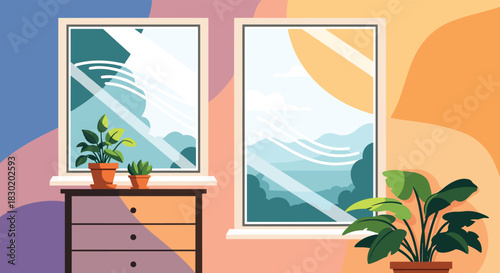 Cozy room interior scene with large windows looking out onto a sunny mountain landscape, with houseplants and modern furniture.