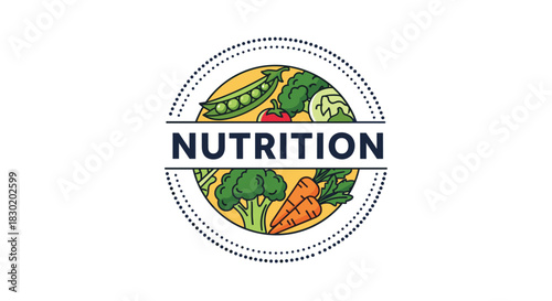 Circular nutrition logo design with the word nutrition on a banner surrounded by fresh vegetables like carrots, broccoli, and peas.