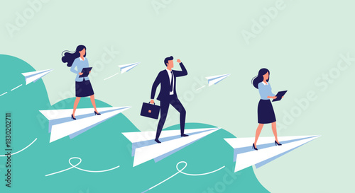 Business team leadership concept showing professionals in suits flying forward together on a fleet of paper airplanes as a metaphor.