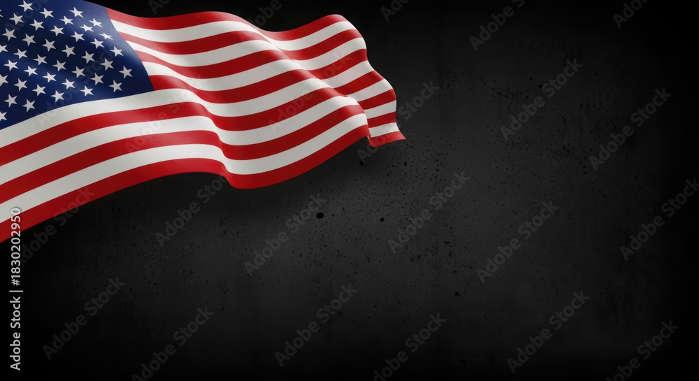 Obraz premium Dynamic Wavy American Flag Against Dark Grunge Background with Copy Space for Patriotic Holiday Celebrations