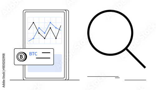 Smartphone displaying BTC chart with fluctuating graph beside magnifying glass, representing data analysis, cryptocurrency tracking, investment research, blockchain exploration, finance study, market