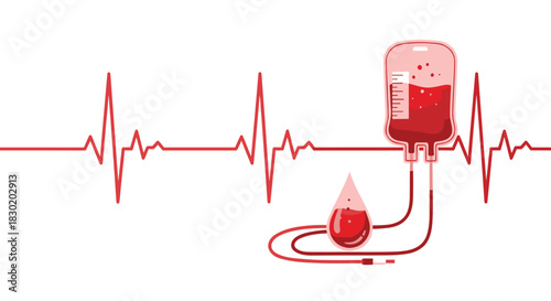 Blood donation concept illustration with a blood bag and a heartbeat cardiogram line symbolizing life-saving medical procedures.