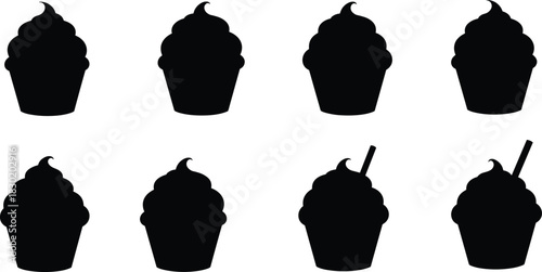 Cupcake silhouettes with frosting and straws, dessert illustration, sweet bakery pattern, confectionery food art, pastry decoration design for creativity