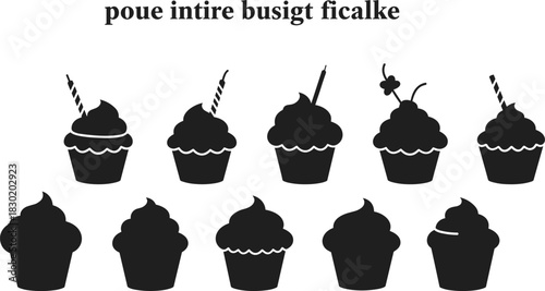 Cupcake silhouettes with candles, cherries and decorations, dessert illustration, sweet bakery pattern, confectionery food art, pastry design collection