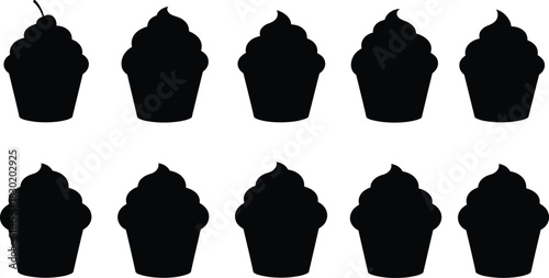 Cupcake silhouette puzzle with unique cherry topping, odd one out game, dessert vector art, bakery illustration, sweet treat food graphic design