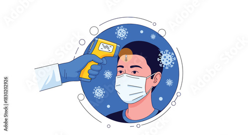 Medical worker checking a patient's temperature with an infrared thermometer as a COVID-19 prevention and screening measure.