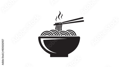 Hot steaming bowl of noodles with chopsticks simple black and white vector illustration for food and