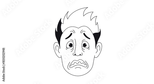 Black and white line drawing of a man's face showing a strong expression of fear, anxiety, terror, and extreme stress.