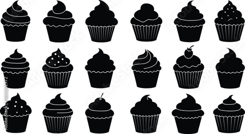 Cupcake silhouettes with unique frosting and toppings, dessert illustration, sweet bakery pattern, confectionery food art, pastry decoration design collection