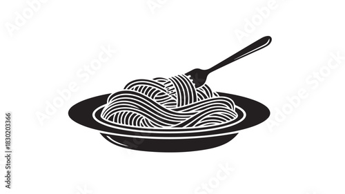 Spaghetti on a plate with a fork simple black and white vector illustration isolated on white background