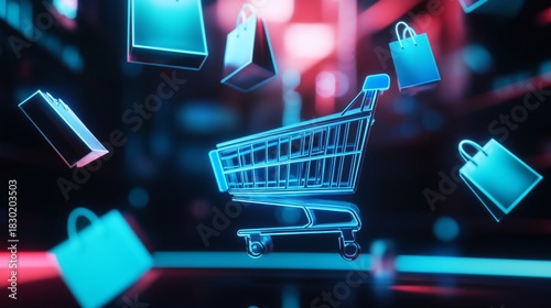 Neon Shopping Spree: A Digital Shopping Cart Surrounded by Glowing Bags