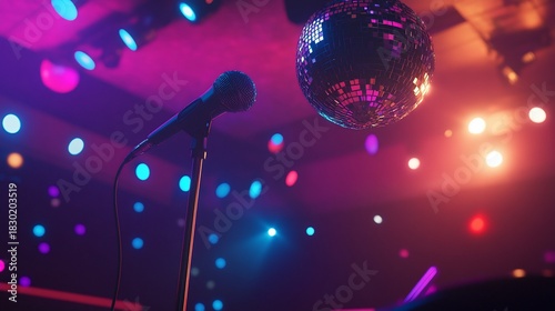 A stage with a microphone and disco ball under colorful spotlights ready for a show