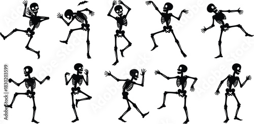 Dancing skeletons silhouettes, spooky halloween characters, funny skeleton dance poses, horror theme art, creepy festive decoration, halloween vector illustration design
