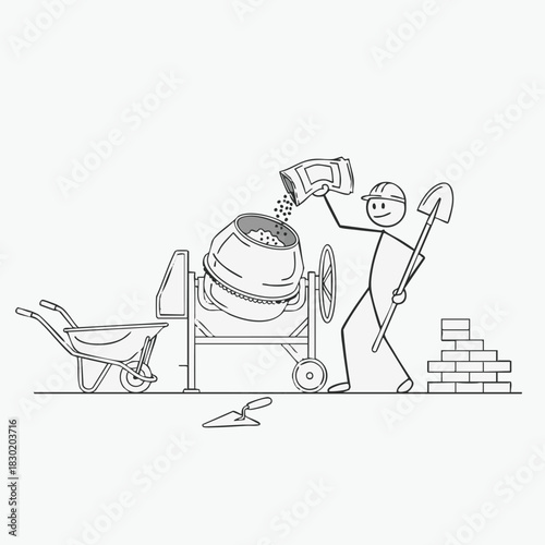 A construction worker cartoon figure mixes cement in a concrete mixer, preparing materials for building projects with tools.