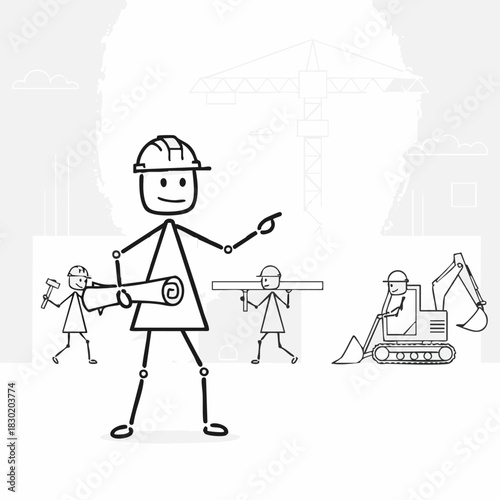 A cartoon construction foreman directs his team, overseeing the building process with blueprints and equipment against a white backdrop.
