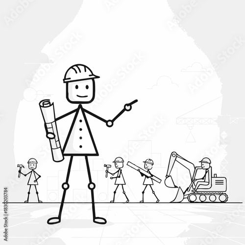 A team of stick figure construction workers are busy building a structure with blueprints and heavy machinery on a white background.