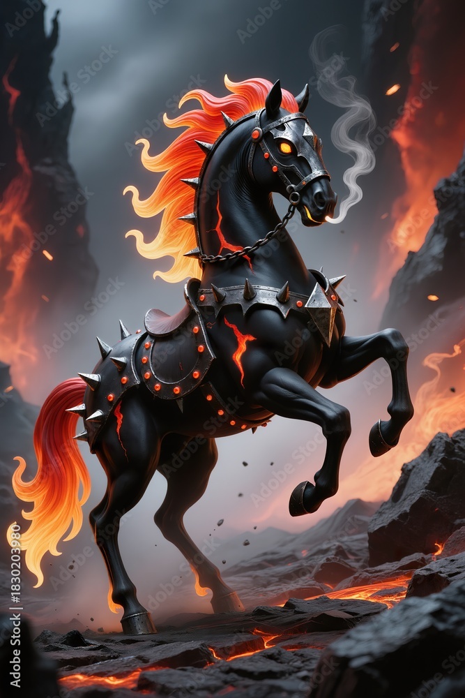 Naklejka premium A corrupted inferno horse sculpture, obsidian armor fused with fire, rearing, surrounded by ember particles.