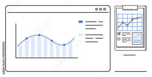 Data trends displayed on a digital dashboard with a line chart and a clipboard featuring graphs and analysis. Ideal for analytics, business growth, reporting, planning, statistics, research, simple