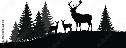 Deer silhouette forest scene, stag with antlers, woodland wildlife illustration, pine tree background, outdoor nature design, wild animals artwork, black silhouette