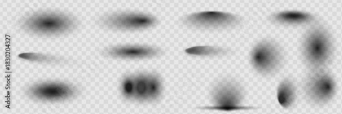 Realistic round shadows. Square transparent surface shades, floor oval and circle blurry edges shadows vector isolated templates set.
