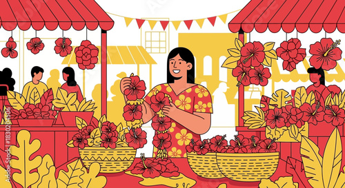 Vibrant flower market scene with woman crafting garlands and tropical blossoms