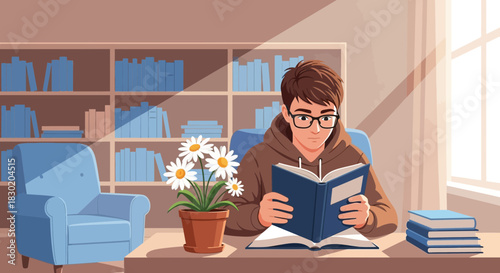 Illustration of a thoughtful young man reading a book in a cozy study setting