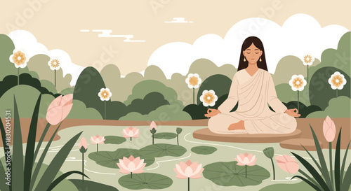 Woman meditating near a pond with lotus flowers, creating a serene and peaceful atmosphere