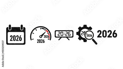 Anticipation for 2026: An illustrative concept of upcoming year with calendar, speed, time, gear