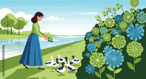 A tranquil vector illustration featuring a woman feeding ducks by a serene riverside